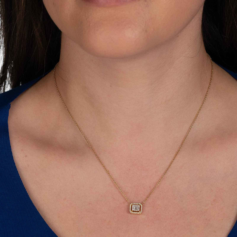Baguette Diamond and Halo Necklace, 18K Yellow Gold