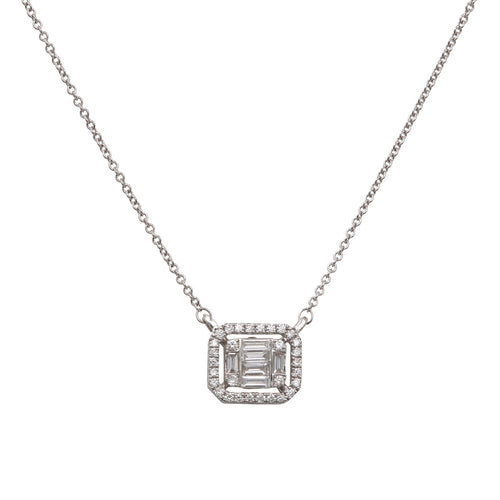 Baguette Diamond and Halo Necklace, 18K White Gold