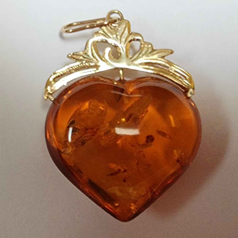 Heart Shaped Amber Pendant, 14K Yellow Gold
