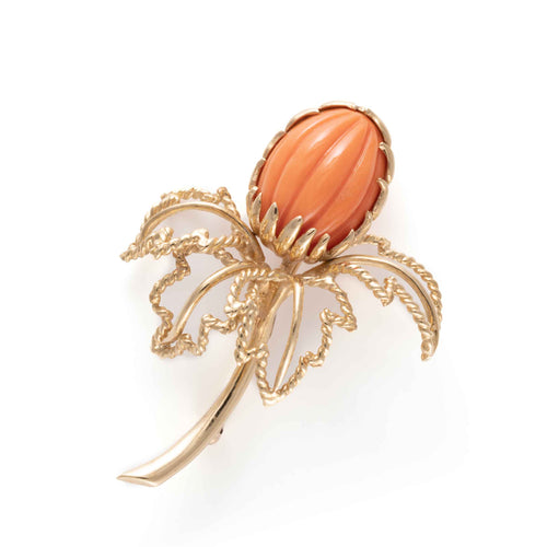 Pre-Owned Flower Shape Coral Pin, 14K Yellow Gold