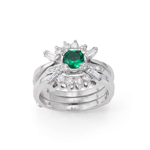 Pre-Owned Green Stone and Diamond Ring Set, 14K White Gold
