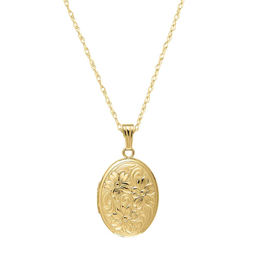 Floral Embossed Oval Locket, 14K Yellow Gold