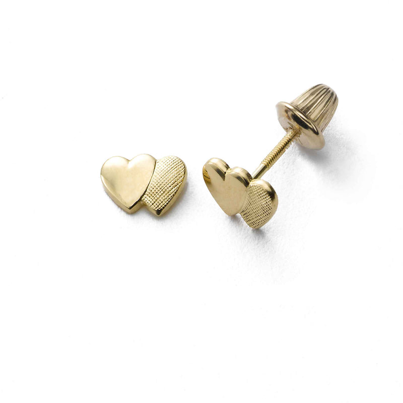 Baby's Yellow Gold Double Heart Stud, Safety Post Back, 14K