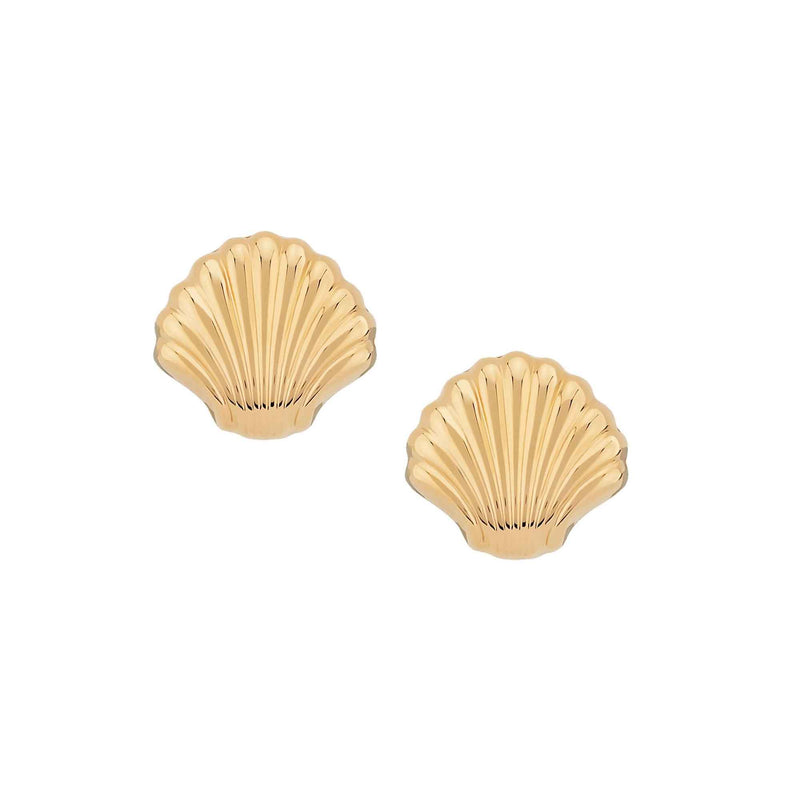 Scalloped Shell Button Earrings, 14K Yellow Gold