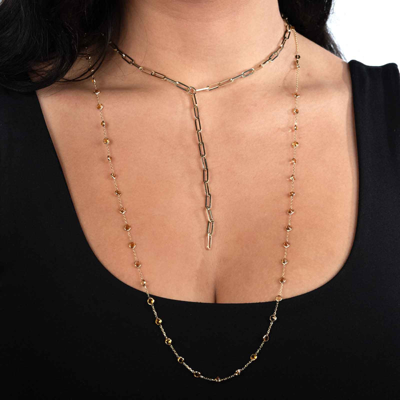 Lariat Style Paperclip Necklace, 14K Yellow Gold