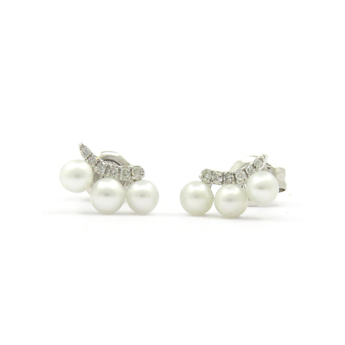 Triple Pearl and Diamond Stud Earrings, 14K White Gold