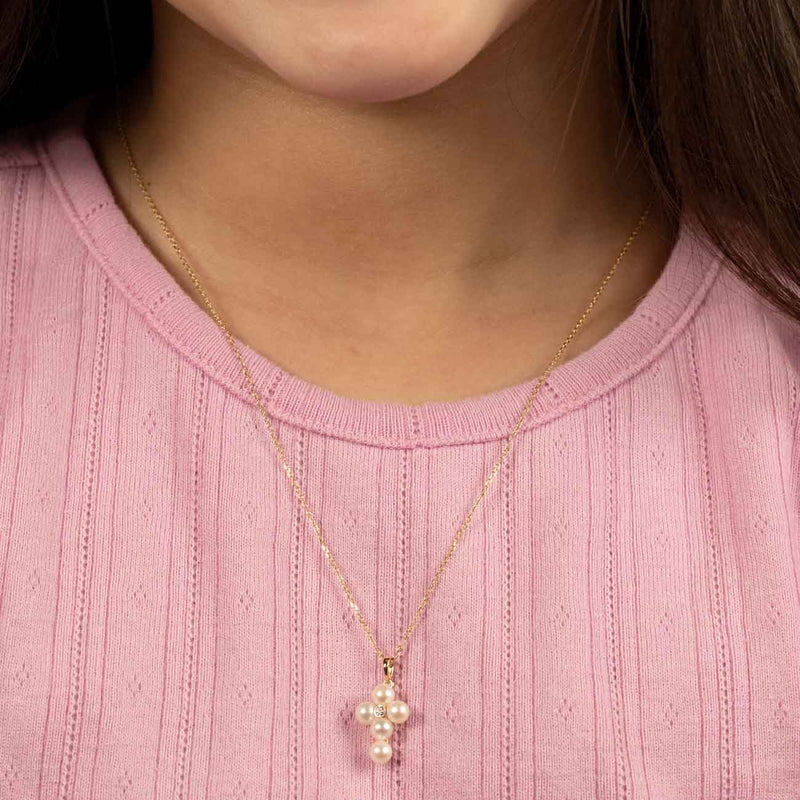 Child's Pearl Cross with Diamond Accent, 14K Yellow Gold