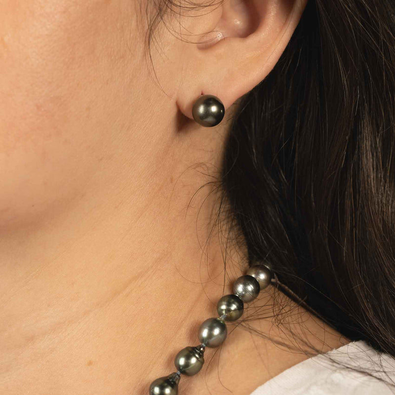 Grey Tahitian Cultured Pearl Earrings, 9-10MM, 14K White Gold