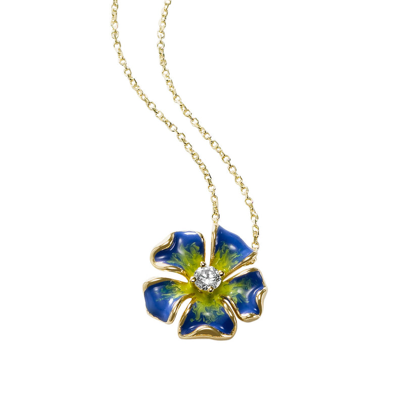 Magnolia Blue Enamel Diamond Flower Pendant, 14K Yellow Gold