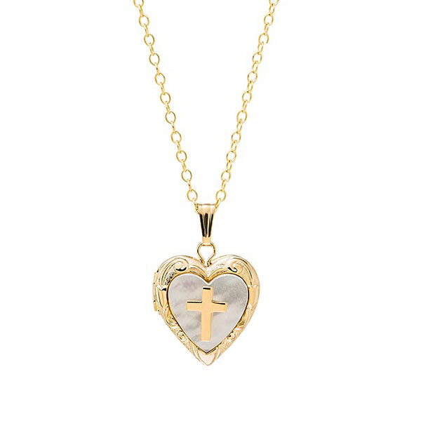Mother Of Pearl Heart Locket with Cross, Gold Filled