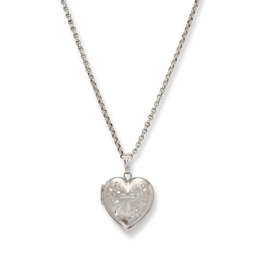 Floral Design Heart Locket with Cross, Sterling Silver