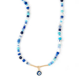 Blue Beads Evil Eye Necklace, 16 Inches
