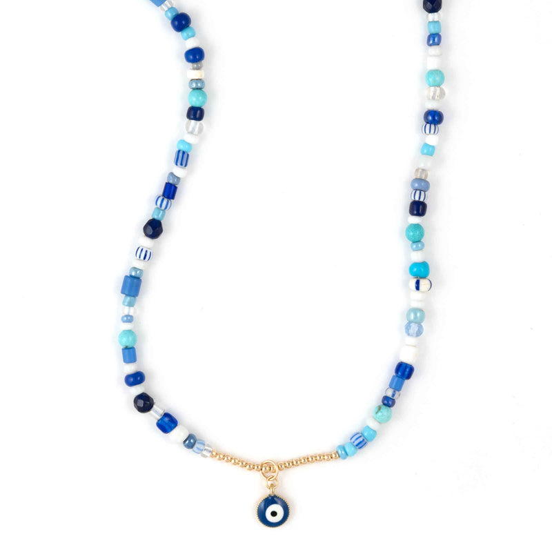 Blue Beads Evil Eye Necklace, 16 Inches