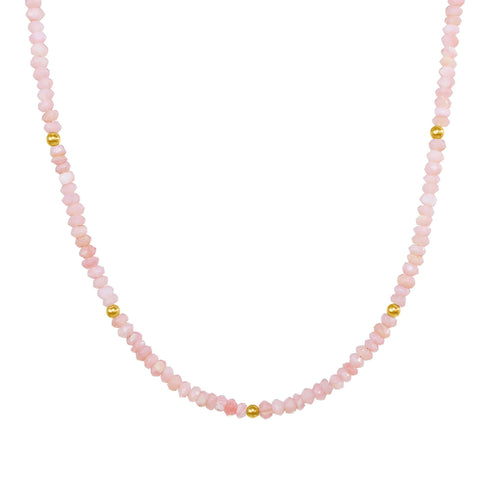 Pink Opal and Gold Bead Necklace, 17 Inches, 14K Yellow Gold