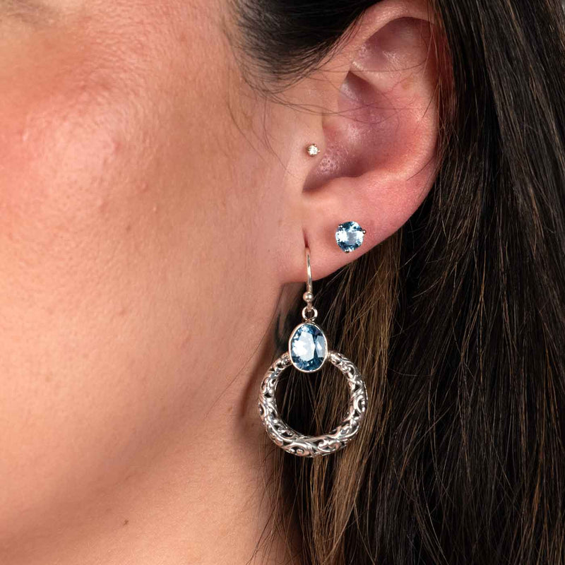 Circle Design Dangle Earrings with Blue Topaz, Sterling Silver