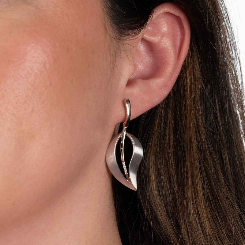 Modern Open Leaf Earrings, Sterling Silver with Rose Gold Detail