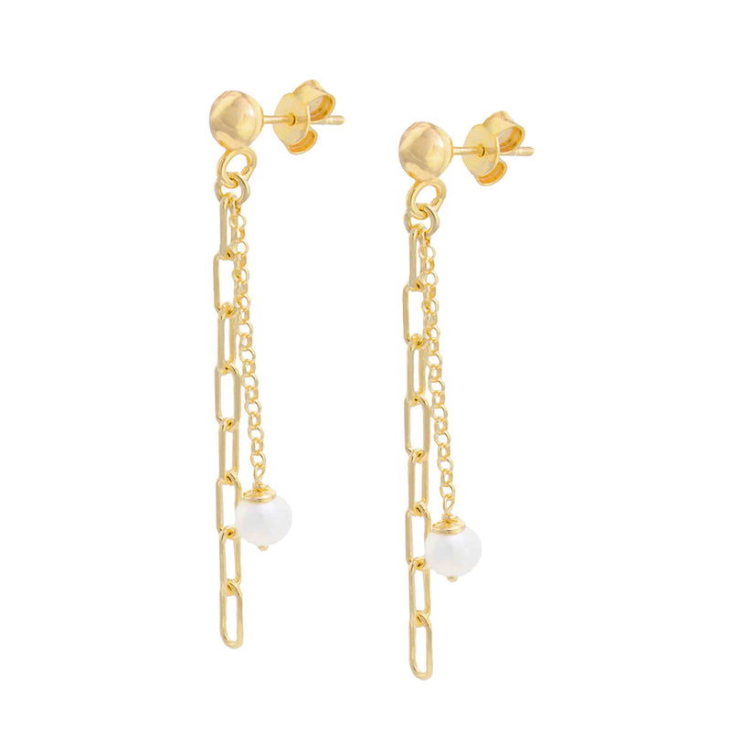 Double Chain Earrings with Pearl, Gold Plated