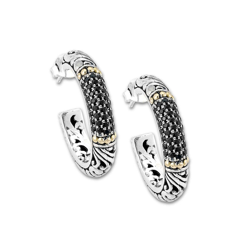 Black Spinel Hoop Earrings, Sterling Silver and 18K Gold