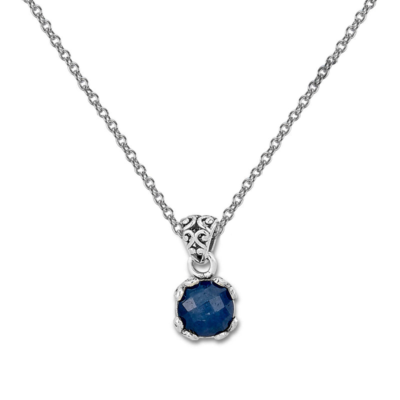 Round Blue Sapphire Pendant, Sterling Silver