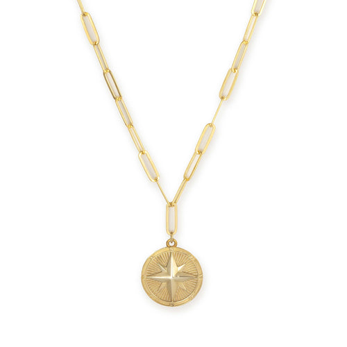 Compass Pendant on Paperclip Chain, Gold Plated