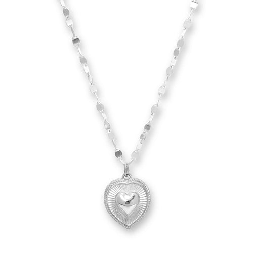 Heart Pendant on Mirror Link Necklace, Sterling Silver
