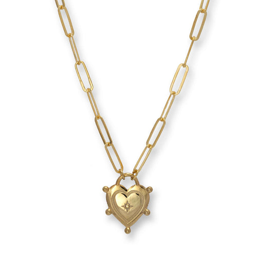 Heart Lock on Paperclip Necklace, Gold Plated