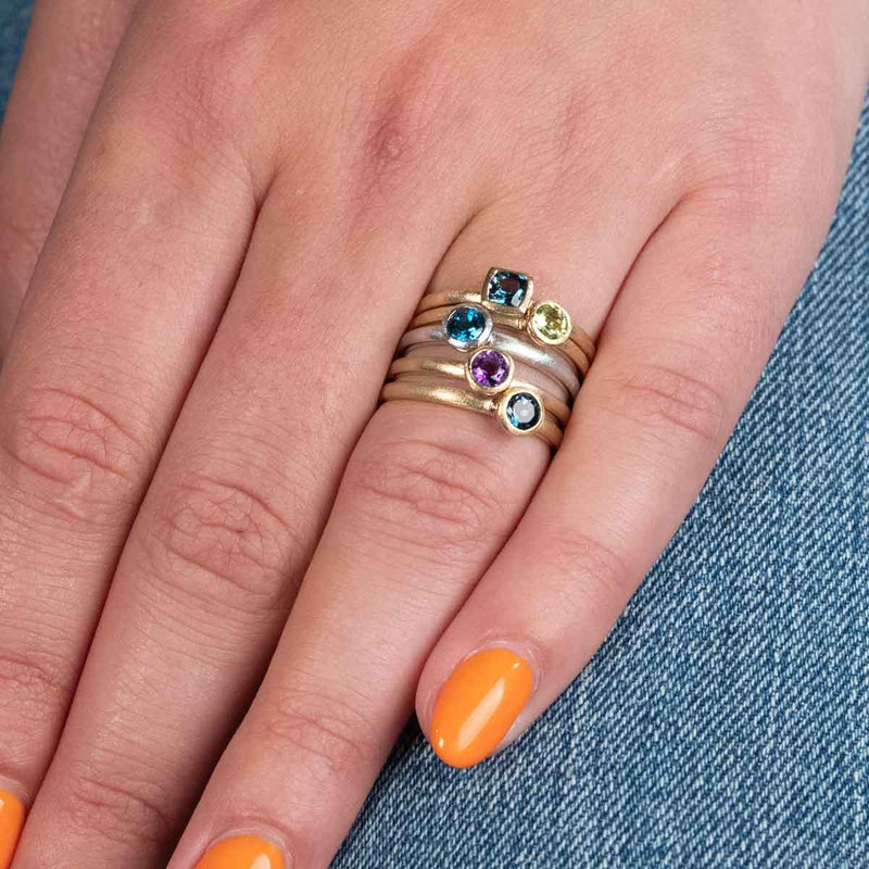 Round Bezel Set Blue Sapphire Ring, 14K White Gold