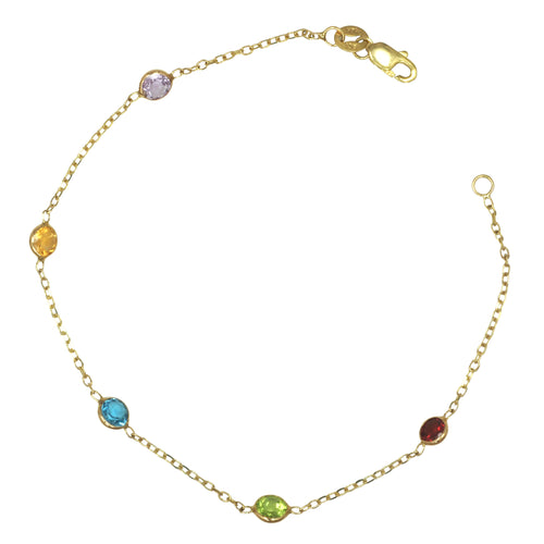 Multi Color Gemstone Ankle Bracelet, 10 Inches, 14K Yellow Gold