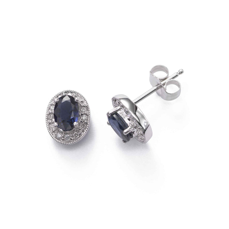 Oval Sapphire with Diamond Halo Earrings, 14K White Gold