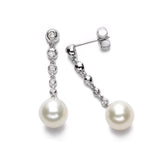 Freshwater Cultured 8MM Pearl and Bezel Set Diamond Earrings, 14K White Gold