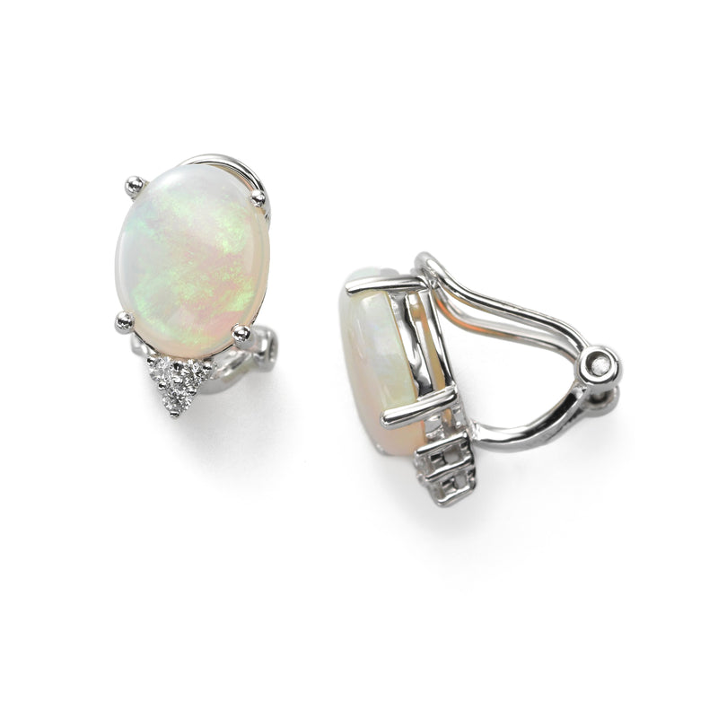 Oval Shape Opal and Diamond Earrings, 14K White Gold