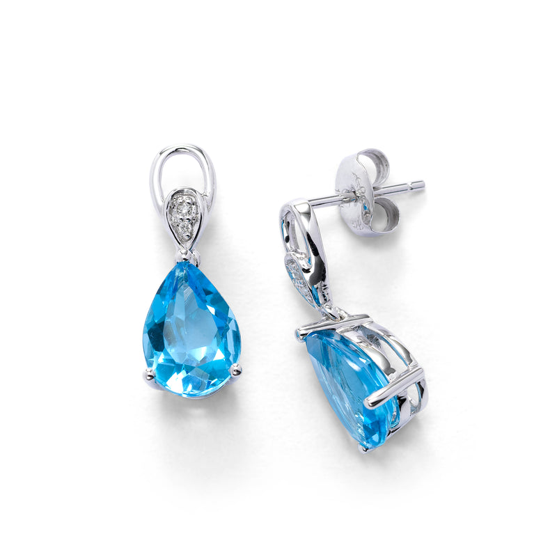 Pear Shape Blue Topaz Drop Earrings with Diamonds, 14K White Gold