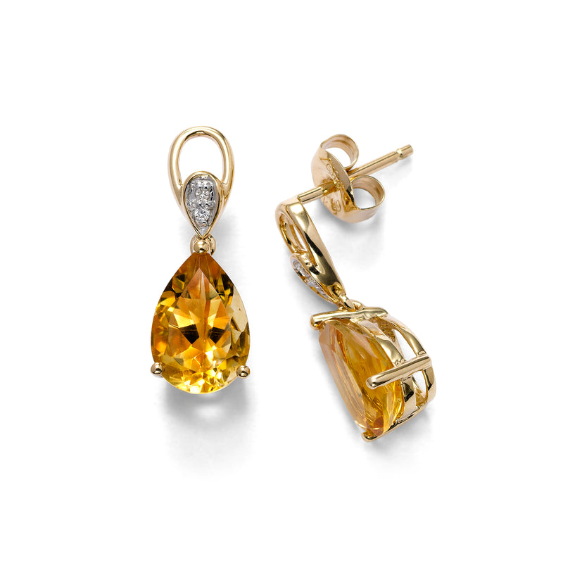 Pear Shape Citrine Drop Earrings with Diamonds, 14K Yellow Gold
