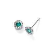 Round Emerald and Diamond Stud Earrings, 14K White Gold