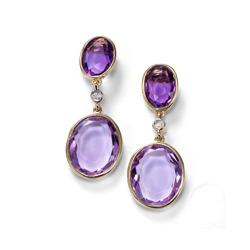 Oval Amethyst Drop Earrings with Diamond Accent, 14K Yellow Gold