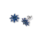 Blue Sapphire and Diamond Starburst Earrings, 14K White Gold