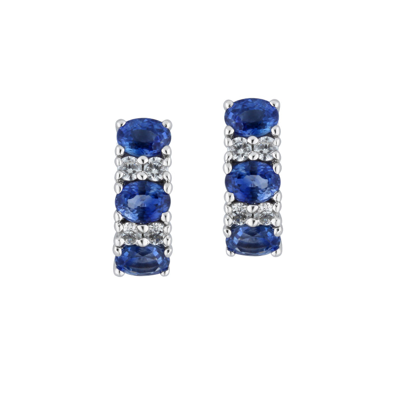 Blue Sapphire and Diamond Half Hoop Earrings, 14K White Gold