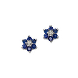 Blue Sapphire and Diamond Flower Earrings, 14K White Gold