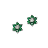 Emerald and Diamond Flower Earrings, 14K White Gold