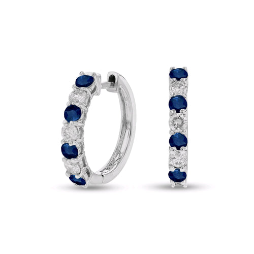 Sapphire and Diamond Hoop Earrings, 14K White Gold