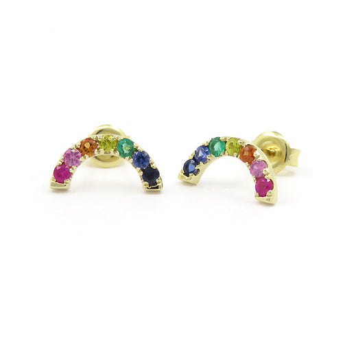 Multi Color Gemstone Rainbow Earrings, 14K Yellow Gold