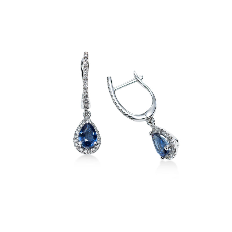 Pear Shaped Sapphire and Diamond Drop Earrings, 14K White Gold
