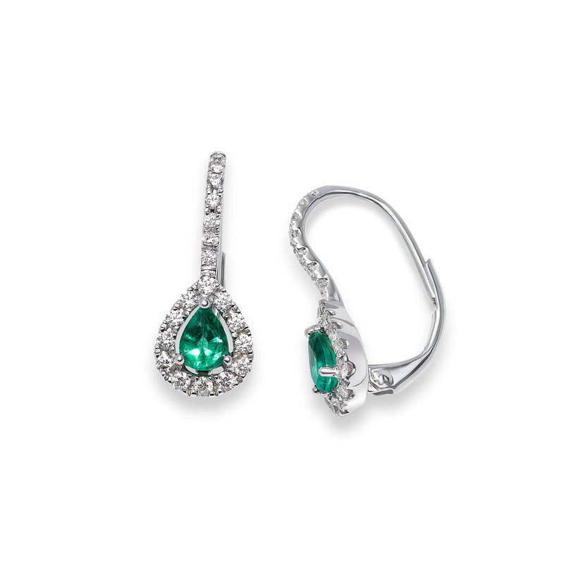 Pear Shaped Emerald and Diamond Halo Earrings, 18K White Gold
