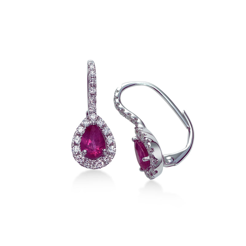 Pear Shaped Ruby and Diamond Halo Earrings, 18K White Gold