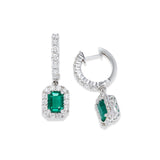 Faceted Emerald and Diamond Halo Earrings, 14K White Gold