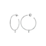 Hoop Earrings with Small Diamond Dangle, 1 Inch, 14K White Gold