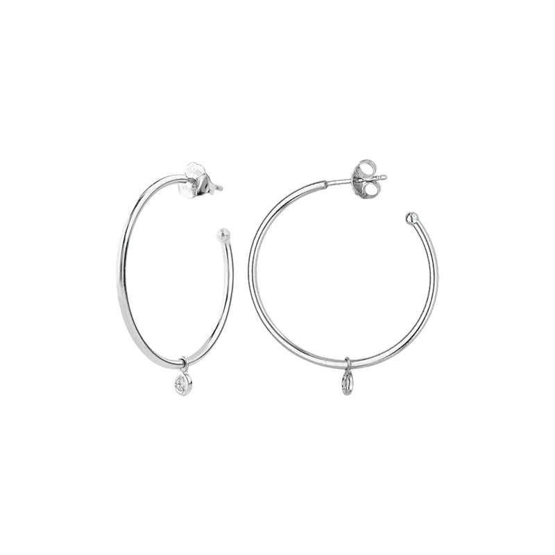 Hoop Earrings with Small Diamond Dangle, 1 Inch, 14K White Gold
