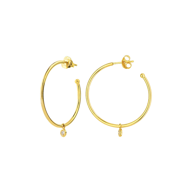Hoop Earrings with Small Diamond Dangle, 1 Inch, 14K Yellow Gold