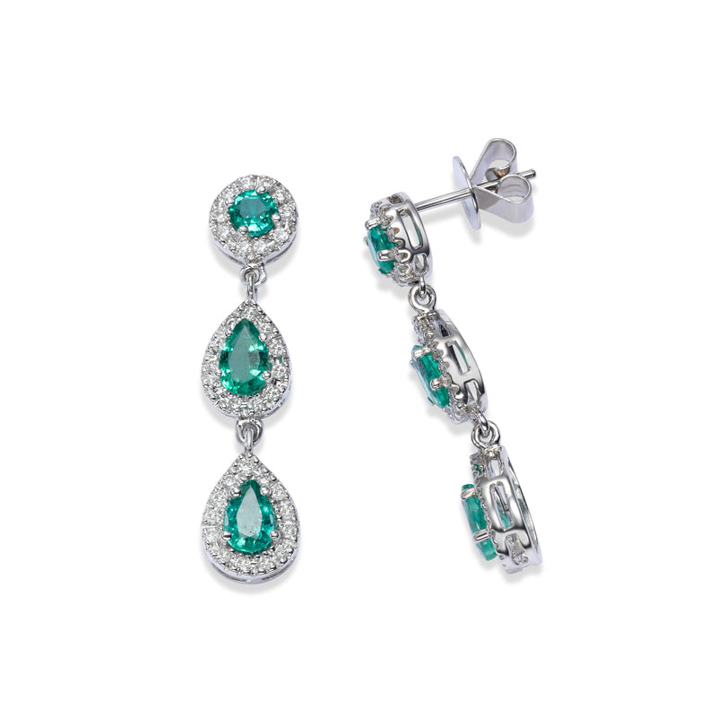 Multishape Emerald and Diamond Dangle Earrings, 14K White Gold