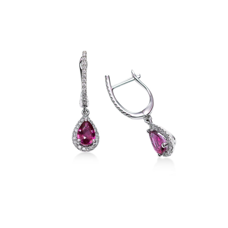 Pear Shaped Ruby and Diamond Drop Earrings, 14K White Gold